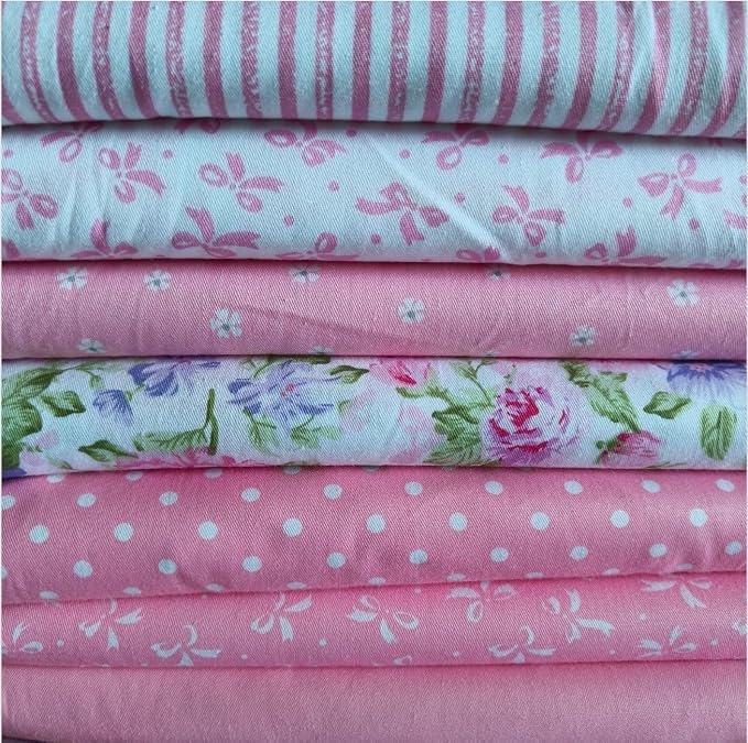 7PCS 18" x 22" Quilting Fat Quarters Fabric Bundles, for Sewing Crafting,Print Floral Striped Polka Dot 100% Cotton Gingham Fabric (Big Pink Flowers, 18" x 22")