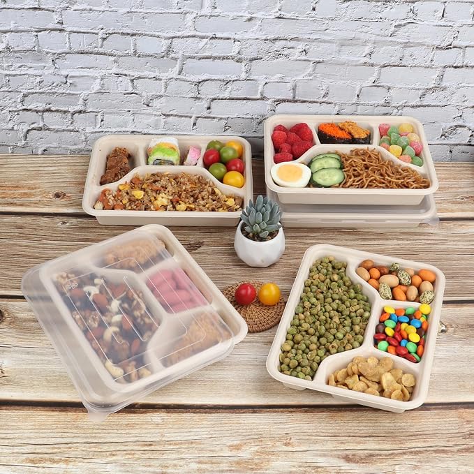 Sugarcane Fiber 24 oz 4 Compartments disposable plates with Lids Bagasse Plant Fibers Freezer Safe 50 Pack
