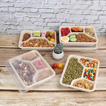 Sugarcane Fiber 24 oz 4 Compartments disposable plates with Lids Bagasse Plant Fibers Freezer Safe 50 Pack