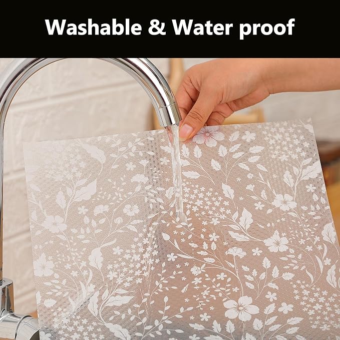 INNOLITES Shelf Liner for Kitchen Cabinets, Non-Adhesive Drawer Liner, Waterproof Washable EVA Floral Pattern, Protect Dresser Cupboard Refrigerator Shelves (Ivory Herb, 11.8" x 120")