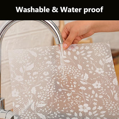 INNOLITES Shelf Liner for Kitchen Cabinets, Non-Adhesive Drawer Liner, Waterproof Washable EVA Floral Pattern, Protect Dresser Cupboard Refrigerator Shelves (Ivory Herb, 11.8" x 120")