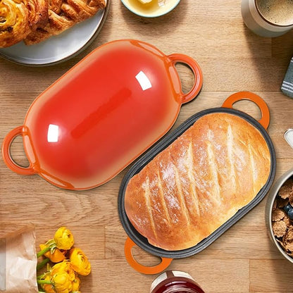 Enameled Cast Iron Sourdough Bread Oven, 2.5 QT Loaf Cast Iron Bread Pan with Lid, Oval Dutch Oven for Homemade Bread Baking, Meatloaf Pan with Lid (Orange)