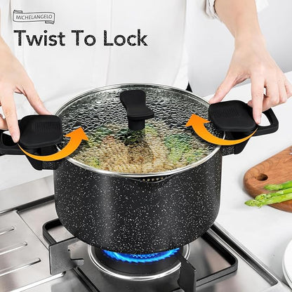 MICHELANGELO Pasta Pot with Strainer Lid, 6 Quart Cooking Pot with Twist and Lock Handles, Soup Pot with Nonstick Granite Coating, Spaghetti Pot Induction Compatible, Black