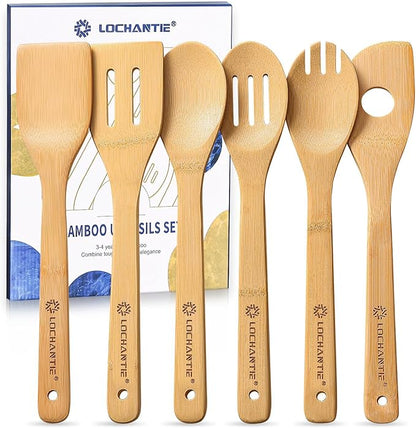 Wooden Spoons for Cooking Bamboo Utensils Set (6 Pieces) - Essential Tools Wooden Spoons & Spatula for Everyday Stirring, Mixing, Flipping & Serving, Gentle on Nonstick Cookware