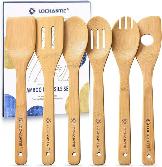 Wooden Spoons for Cooking Bamboo Utensils Set (6 Pieces) - Essential Tools Wooden Spoons & Spatula for Everyday Stirring, Mixing, Flipping & Serving, Gentle on Nonstick Cookware