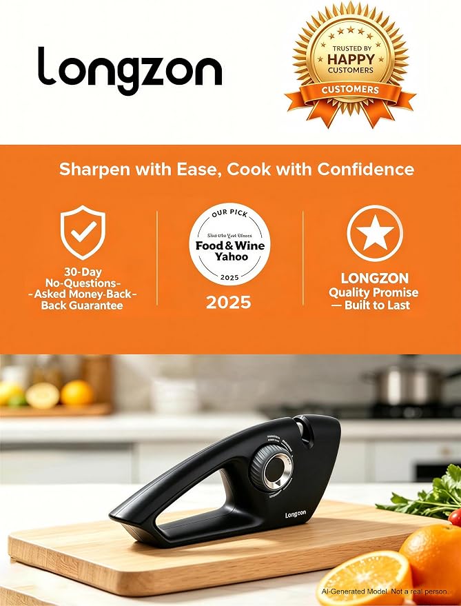 Longzon 6-in-1 Knife Sharpener 5 Stage with Cut-Resistant Glove, Manual Kitchen Tool for Scissors, Straight & Serrated Knives, Quickly Sharpens Restores & Polishes Dull Blades Safe for Home Kitchen