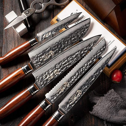 YARENH Kitchen Knife Set, 8 Piece Professional Damascus Chef Knives, Sharp High Carbon Stainless Steel Blade, 73 Layers, Full Tang, Dalbergia Wood Handle, Walnut Wooden Block and Sharpener Stone