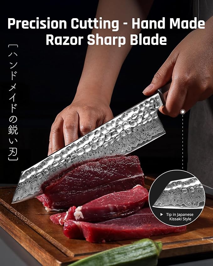 YOTSUBA 8 inch Japanese Kiritsuke Chef Knife, Hand Forged Damascus Kitchen Knife, 9Cr18MoV High Carbon Steel Knife, Professional Chefs Knife with Ergonomic Rosewood Handle