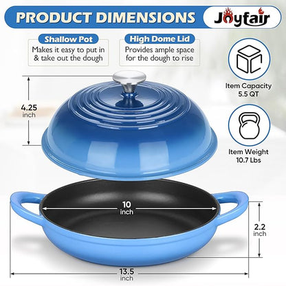 Bread Dutch Oven for Sourdough Baking (5.5 QT), Joyfair Enameled Cast Iron Dutch Oven Pot with Lid, Sourdough Bread Pan with Heavy Duty Dual Handles, Non-Stick & Even Heat, Oven-safe up to 500°F, Blue