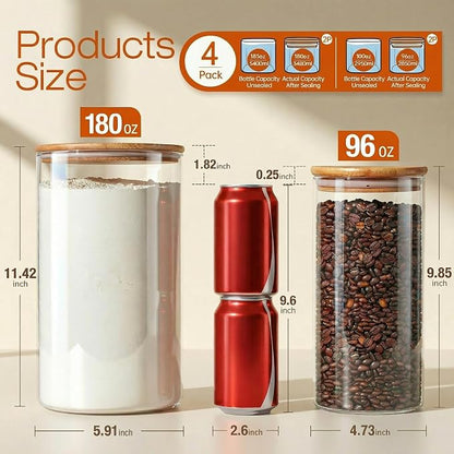 HomArtist Large Glass Flour and Sugar Containers 180oz x2 & 93oz x2 [Set of 4], Glass Food Storage Containers with Bamboo Lids, Glass Jar with Airtight Lid for Spaghetti Pasta,Rice,Cereal,Coffee, Oat