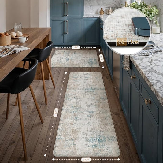 Kitchen Mats for Floor Set of 2 Anti Fatigue Waterproof Kitchen Rug Beige Blue Abstract Cushioned Non-Slip Kitchen Mats Comfort Standing Neutral Mat for Sink Laundry Office 17.3"×47"+17.3"×30"