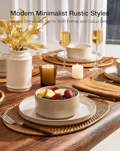 Famiware Star 8-Piece Stoneware Dinnerware Set for 4 – 10.5" Flat Dinner Plates & 23 oz Deep Cereal Bowls, Everyday & Formal Use, Chip & Scratch Resistant, Microwave/Dishwasher Safe, Cappuccino White