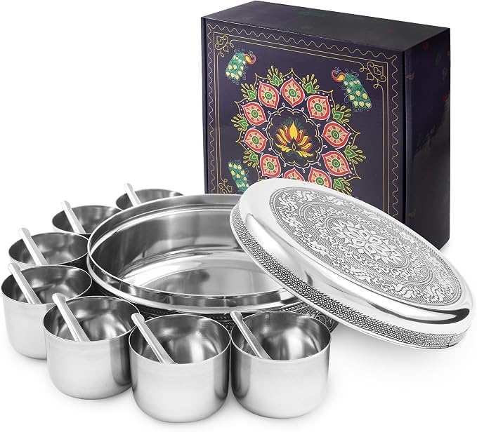 KSJONE Designer Spice Container Masala Dabba, 7 Spice Jars, Holds 7 Spices, Spice Container Box, Polished Stainless Steel with 7 Serving Spoons, Indian Masala Dabba with Lid, 8 Inch