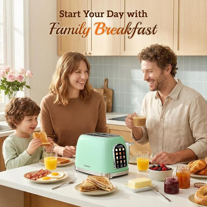 RONGBEST Retro Touch Screen Toaster 2 Slice Wide Slot Stainless Steel with 6 Browning Levels for Breakfast Bagel & Bread, Reheat & Defrost, Removable Crumb Tray, Mint Green