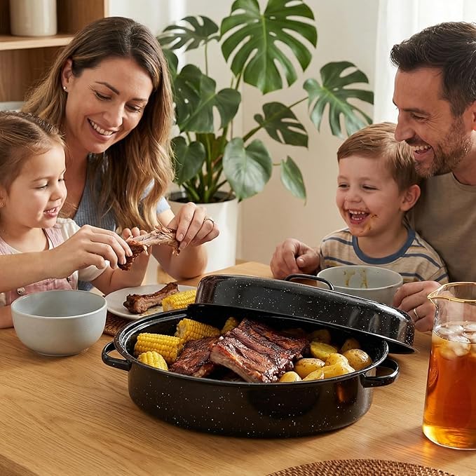 Turkey Roaster Pan 18in Roasting Pan With Lid Enamel Carbon Steel Roaster Pot with 16in Inner Diameter,18 Pound Large Capacity High Temperature Resistance Oval Cookware