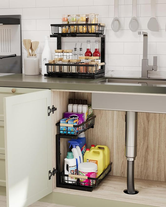 Under Sink Organizer Storage for Families: Pull Out Storage Undersink Organizers Drawer Cabinet - Sliding 2 Tier Rack Metal Organization Under Counter Kitchen Bathroom for Homemakers(Black,1 Pack)