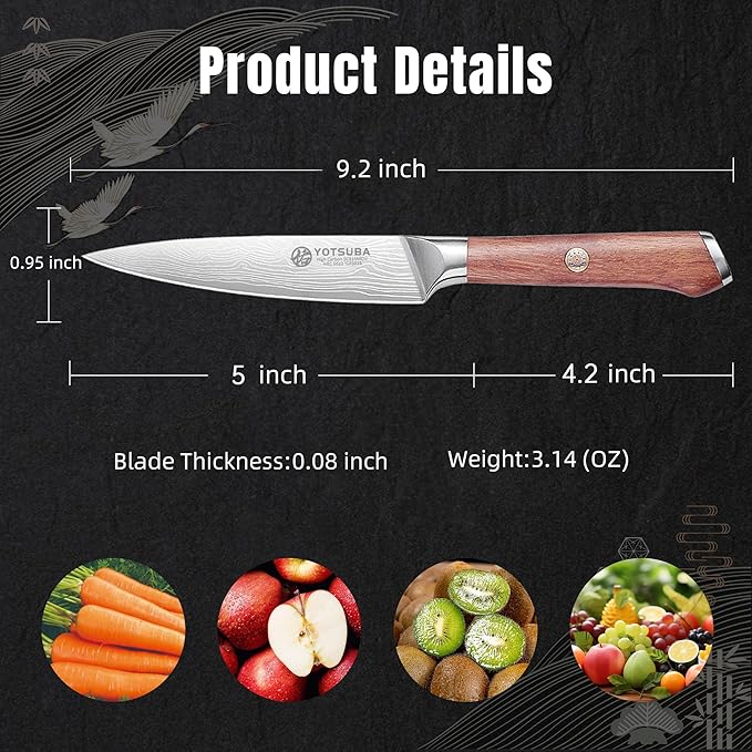 YOTSUBA 5 Inch Utility Knife, Japanese Petty Knife – Ergonomic Rosewood Handle, Full Tang, Razor Sharp High Carbon German Steel Paring Knives, Premium Gift