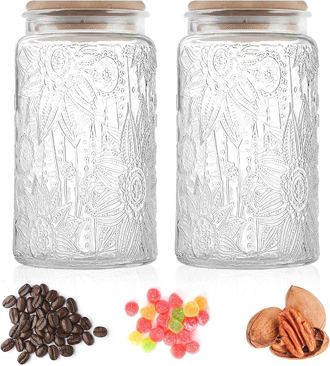 Custde Glass Storage Jars with Airtight Bamboo Lid, 35 FL oz - Decorative Food Canisters for Kitchen Counter, Ideal for Sugar, Coffee, Tea, Candy, Cookies (35oz Large Sunflower)