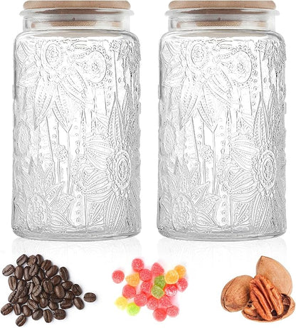 Custde Glass Storage Jars with Airtight Bamboo Lid, 35 FL oz - Decorative Food Canisters for Kitchen Counter, Ideal for Sugar, Coffee, Tea, Candy, Cookies (35oz Large Sunflower)