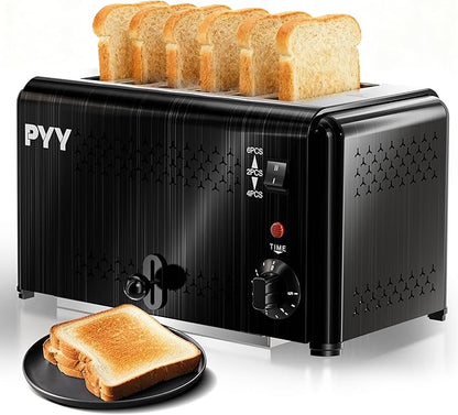 PYY Professional Commercial 6 Slice Toaster - 1800W Stainless Steel Heavy Duty Toaster, 6 Browning Levels, 1.1" Wide Slots, Removable Crumb Tray for Bagels Bread Waffles (Commercial & Home Use), Black