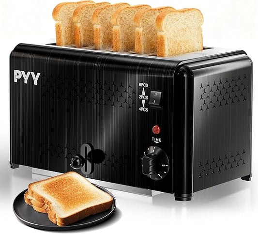 PYY Professional Commercial 6 Slice Toaster - 1800W Stainless Steel Heavy Duty Toaster, 6 Browning Levels, 1.1" Wide Slots, Removable Crumb Tray for Bagels Bread Waffles (Commercial & Home Use), Black