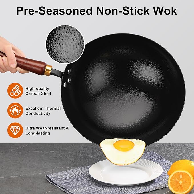 Carbon Steel Wok Pan, 12.6-Inch Nonstick Pre-Seasoned Woks & Stir-Fry Pans with Glass Lid, No Chemical Coated Wok Round Bottom Hand Hammered Chinese Wok for Induction, Gas, Electric & All Stoves