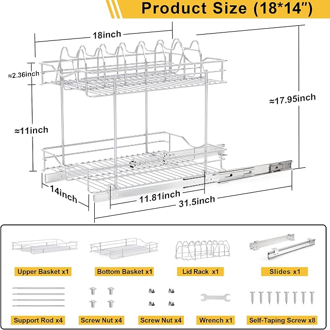 FULGENTE Professional Pull Out Cabinet Organizer Rack for Lid Cookware 14" W x 18" D 2 Tier Slide Out Kitchen Cupboard Under Sink Shelves Storage Pullout Pan Pot Organizer Wire Frame Chrome Finish