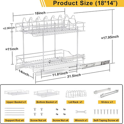 FULGENTE Professional Pull Out Cabinet Organizer Rack for Lid Cookware 14" W x 18" D 2 Tier Slide Out Kitchen Cupboard Under Sink Shelves Storage Pullout Pan Pot Organizer Wire Frame Chrome Finish