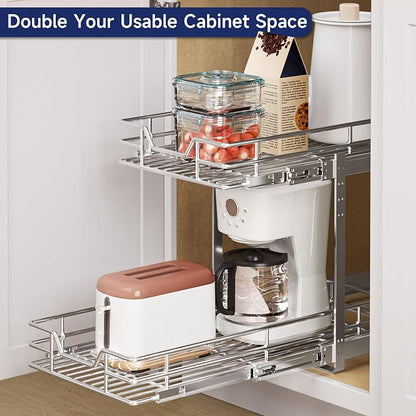 2-Tier Pull Out Cabinet Organizer, 10.5" W x 18" D, Heavy Duty Dual Slide Out Shelves for Narrow Base Cabinets, Chrome Wire Basket Drawer for Spices, Bottles & Snacks