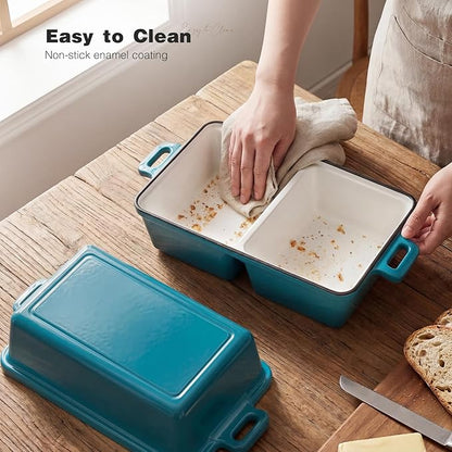Double Dutch Oven for Sourdough Bread Baking,Enameled Cast Iron Dutch Oven with Lid,Double-Chamber Square Mini Sourdough Loaf Pan for Homemade Bread,Light Blue(Patent Has Been Applied for)