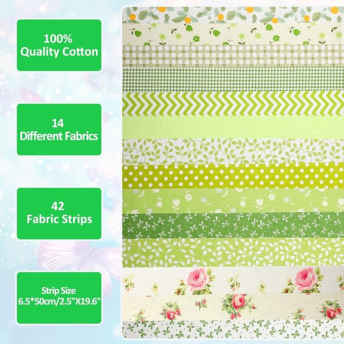 42Pcs Jelly Roll Fabric Strips Soft Cotton Quilting Fabric 2.5 x 20 Inch Pre-Cut Cotton Strips Bundles for Quilting Crafting and Sewing(Green)