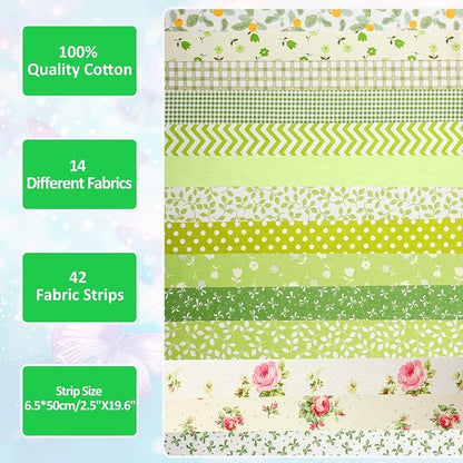 42Pcs Jelly Roll Fabric Strips Soft Cotton Quilting Fabric 2.5 x 20 Inch Pre-Cut Cotton Strips Bundles for Quilting Crafting and Sewing(Green)