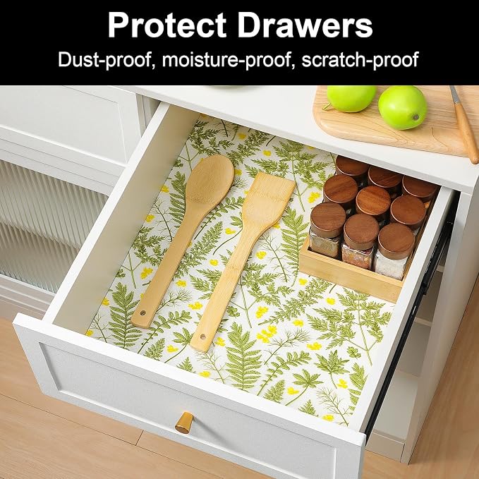 Cooyes Shelf Liner Drawer Liners, Fern Botanical Shelf Liners for Kitchen Cabinets, Non-Adhesive Cabinet Liner, EVA Waterproof Non-Slip Refrigerator Liners for Kitchen Drawers（11.8" W x 118" L）
