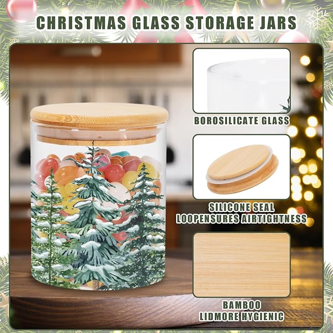 JarThenaAMCS 3Pcs Christmas Forest Glass Storage Jars with Airtight Lid Watercolor Xmas Tree Decorative Canisters Sets for Winter Home Kitchen Countertop
