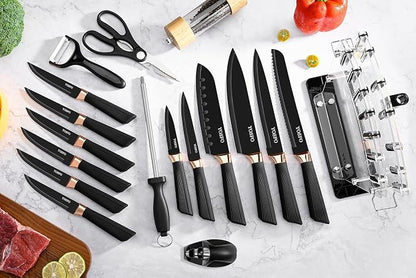 Kitchen Knife Set with Block, Knives Set with Acrylic Stand, 17Pcs Stainless Steel Cutlery Knife Block Set includes Serrated Steak Knives Set, Chef Santoku Knives, Scissor, Sharpener and Holder