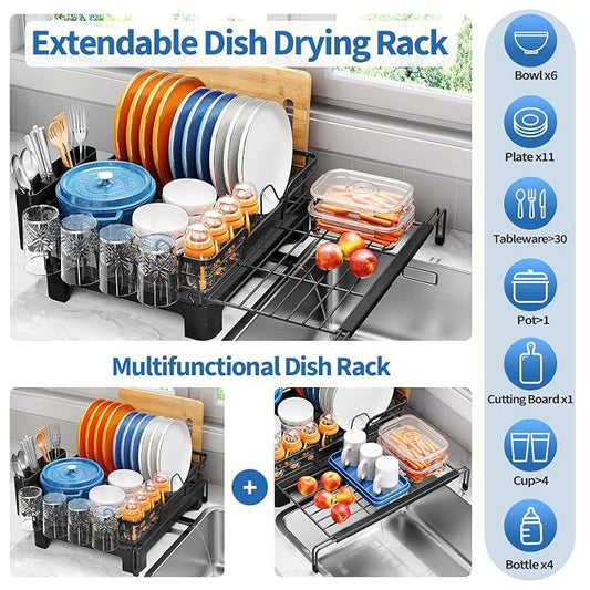 TOOLF Dish Drying Rack - Expandable Dish Rack, Large Capacity Dish Drainer for Kitchen Counter, Stainless Steel Dish Strainer with Cups Holder & Utensil Holder,Black