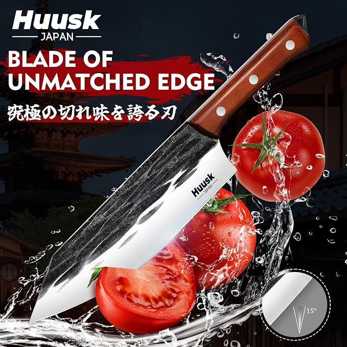 Huusk Butcher Knife Set, 4 PCS Hand Forged BBQ Knife Set for Meat Cutting, Sharp Meat Carving Breaking Knives with Ergonomic Handle, Gifts for Men Women