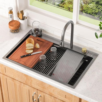 Lordear 33 Inch Black Drop In Kitchen Sink Waterfall T304 16 Gauge Stainless Steel Single Bowl Workstation Ledged Functional Large Kitchen Sinks 33x22x10 Inch