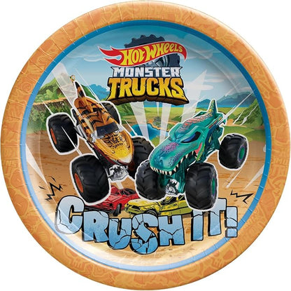 Monster Trucks Birthday Party Supplies Bundle includes 16 Dessert Cake Paper Plates, 16 Paper Napkins, 1 Dinosaur Sticker Sheet