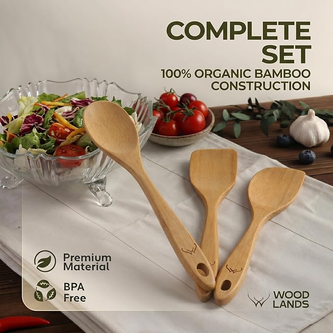 Prime Bamboo Wooden Spoons for Cooking Set of 3 Pcs – Wooden Cooking Utensils with Long Handle, Includes Flat Wood Spoon, Bamboo Spatula, and Slotted Spoon for Kitchen Utensils Set
