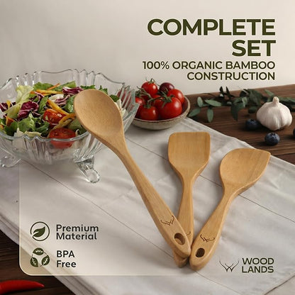 Prime Bamboo Wooden Spoons for Cooking Set of 3 Pcs – Wooden Cooking Utensils with Long Handle, Includes Flat Wood Spoon, Bamboo Spatula, and Slotted Spoon for Kitchen Utensils Set