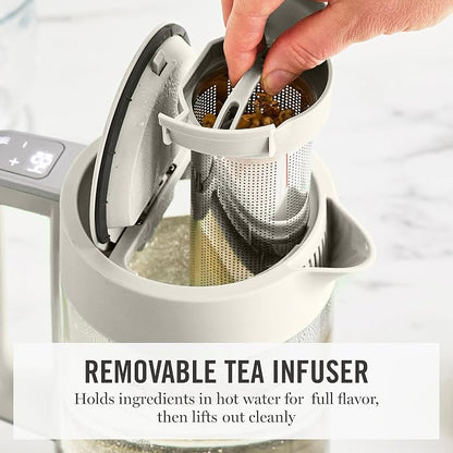 Martha Stewart Electric Kettle with Removable Stainless Steel Tea Infuser, Glass Carafe 1.7L (7 Cups), Hot Water Boiler, 4 Presets, Keep Warm & Auto Shut-Off, Cordless 360° Swivel Base, Linen Cream