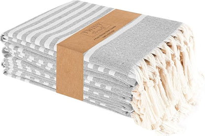 TWINY threads Set of 4 100% Cotton Turkish Kitchen Towels with Hanging Loop & Tassels (18" X 28") | Ultra Washcloth with Fringes | Reusable Hand Towels - Grey