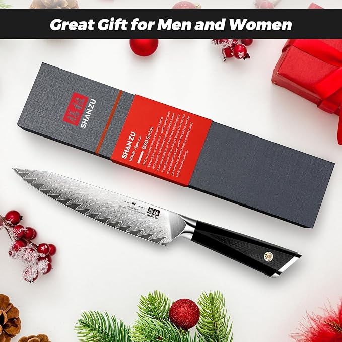 SHAN ZU Damascus Chef Knife 6 inch,67-Layer Japanese Steel 10Cr15MoV Kitchen Knife, High Carbon Super Sharp Japanese Chef Knife, All Purpose Professional Kitchen Utility Petty Knives with G10 Handle