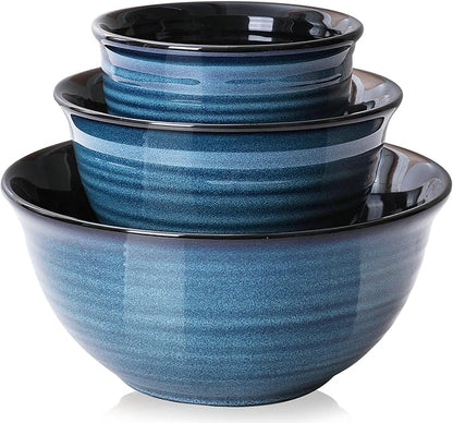 HASENSE Ceramic Mixing Bowls Set for Kitchen, Handmade Serving Dishes for Entertaining, 2.1/1.0/0.5 Qt Deep Microwave Safe Nesting Bowls for Storage and Baking, Blue