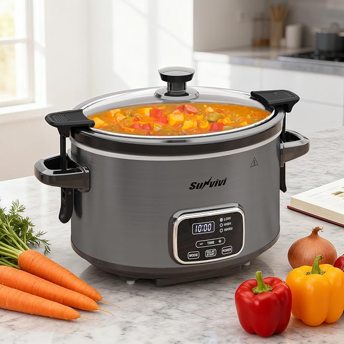 4QT Slow Cooker, Programmable Pot with Removable Ceramic Pot, Locking Lid, 3 Heating Settings & Time Control,Dishwasher-safe Lid & Pot, Grey
