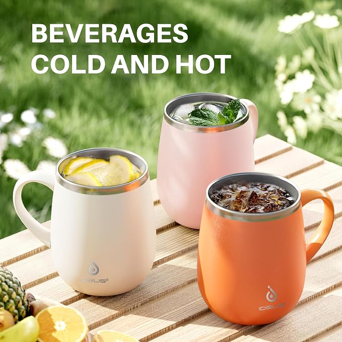 Ideus 16 oz Insulated Coffee Mug with Handle and Lid, Double Wall Stainless Steel Vacuum Thermal Coffee Mug, Travel Coffee Cup Thermal Cup for Home and Office, Sakura Pink