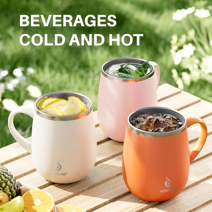Ideus 16 oz Insulated Coffee Mug with Handle and Lid, Double Wall Stainless Steel Vacuum Thermal Coffee Mug, Travel Coffee Cup Thermal Cup for Home and Office, Sakura Pink