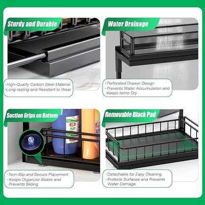 Under Kitchen Sink Pull Out Organizer, Pull Out Under Cabinet Organizer with 2 Tier for Kitchen Bathroom, Home Kitchen Storage Organization, Black, 2 Pack