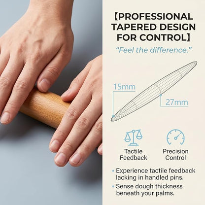 16-inch French Rolling Pin for Baking - Professional Solid Beechwood Dough Roller for Pizza, Pastry & Cookie Crust - Tapered Wooden Rolling Pins for Precision Control